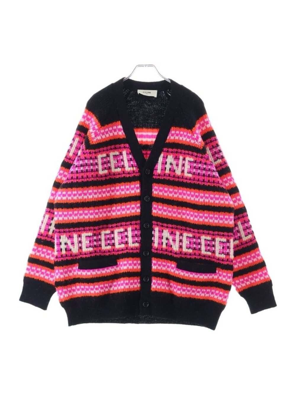 Celine Logo Jacquard Knit Neck Cardigan Pink Wool